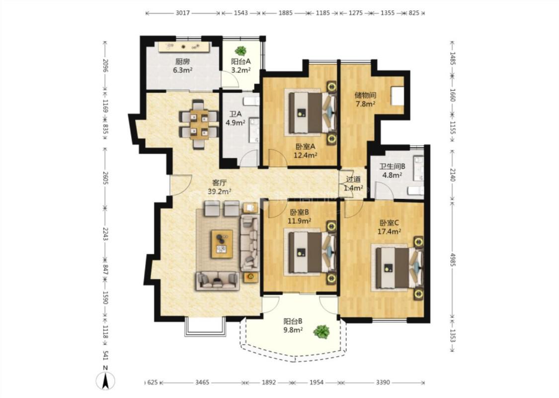 锦都花园,锦都花园164㎡4室2厅2卫2阳台普通,看房有钥匙9