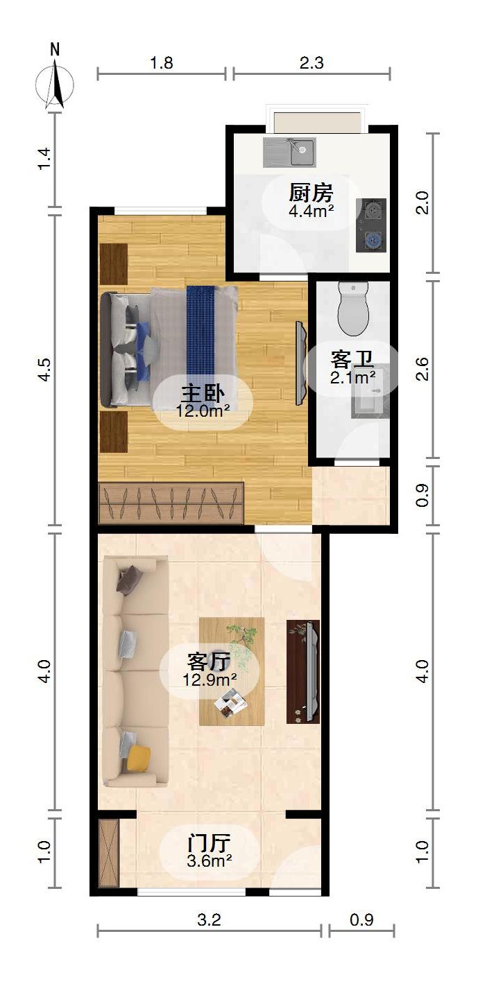 107街坊,.一室一厅扩了5个平方房总价低。10