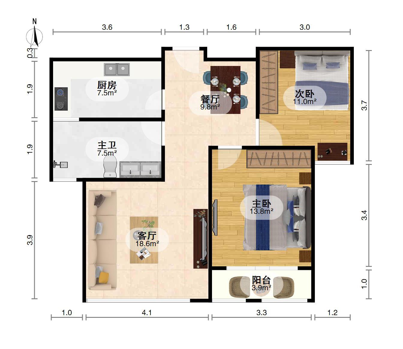 友邦皇家公馆,婚装全明户2室2厅1卫2阳台,格局工整合理12