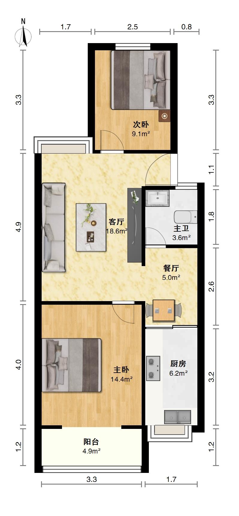 钢花南苑,钢花南苑  3楼  阳光充足  南北通透户型11