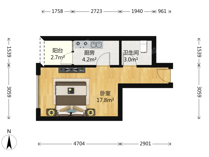 珠江太阳城D区 1900.00元/月 1室0厅1卫 38.11平-珠江太阳城D区租房