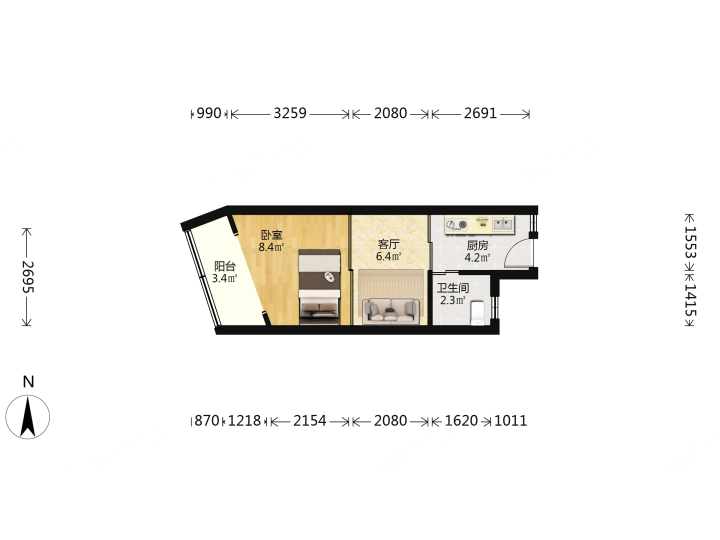 中山新村,中山新村 4500.00元/月 1室1厅1卫 30.29平6