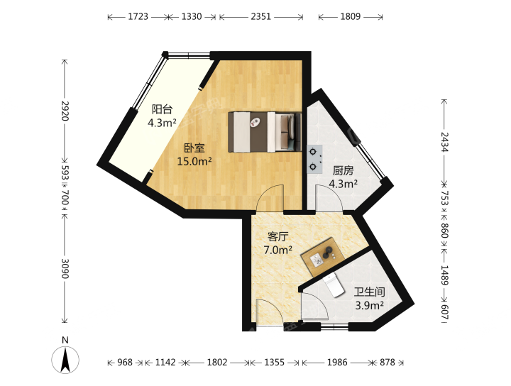 南园小区,南园小区 6630.00元/月 1室1厅1卫 59.54平9