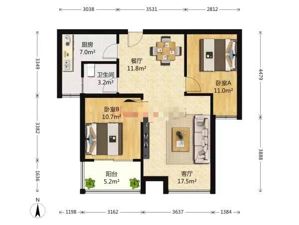 硚口金利屋2室2厅1卫朝南精装出租1