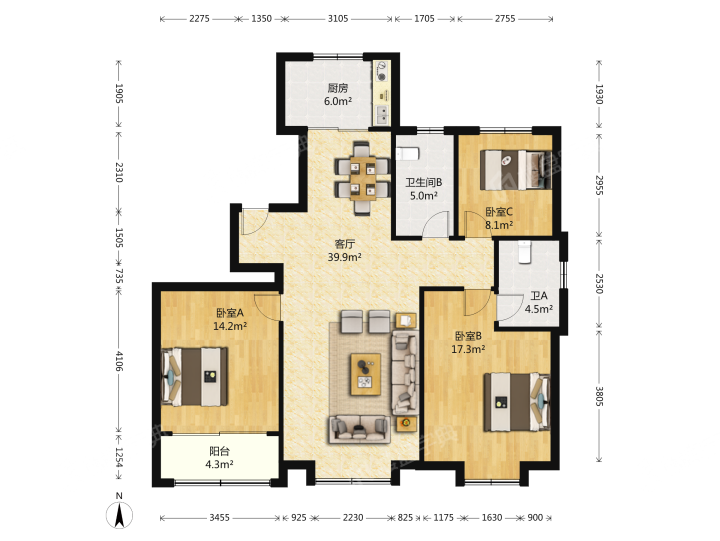 四建美林苑,四建美林苑 3600.00元/月 3室2厅2卫 143.0平9