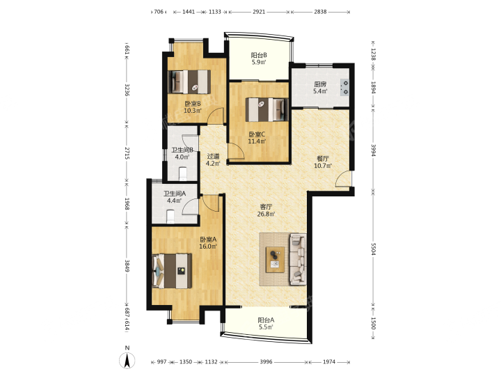 中原新城王府一号,中原新城学府小区 3700.00元/月 3室2厅2卫 130.0平7