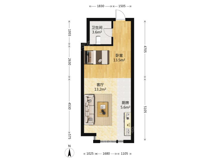 京奥港帝景,京奥港花园 1600.00元/月 1室1厅1卫 50.0平5