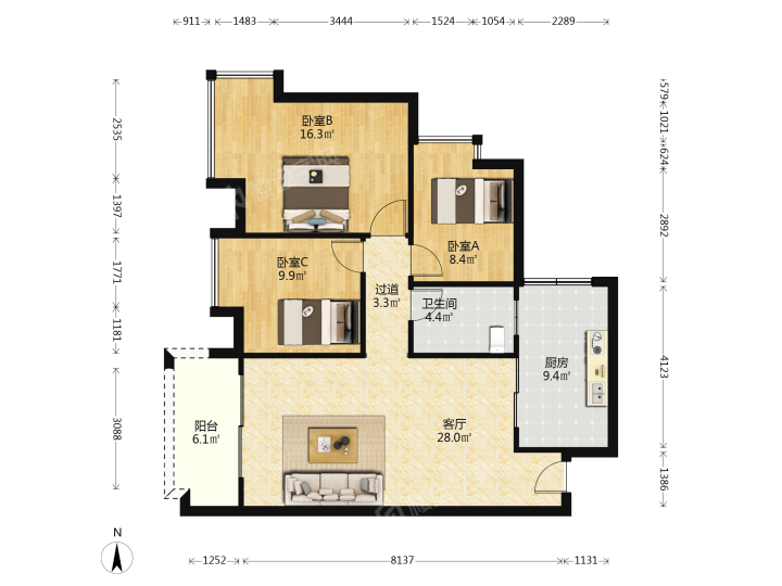 奥园康城B区,奥园康城B区 1800.00元/月 3室1厅1卫 99.0平6