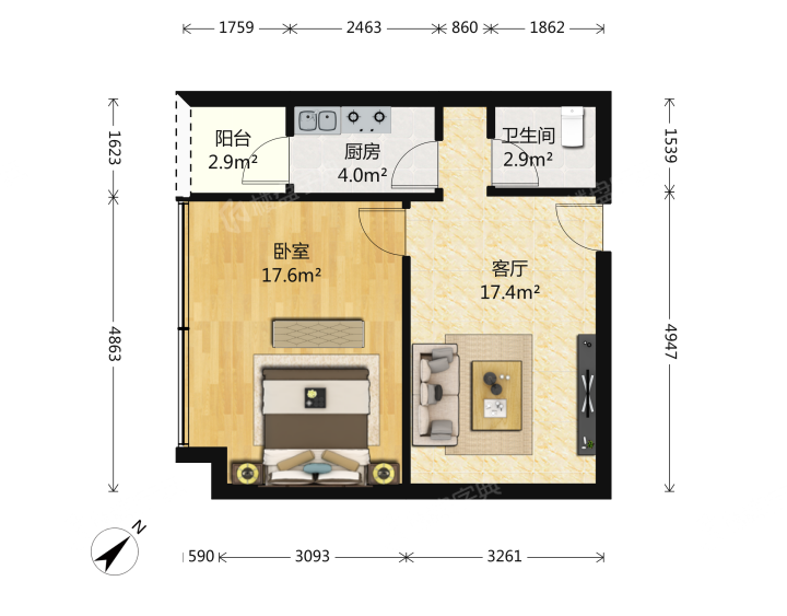 卡萨国际公寓,卡萨国际公寓 2500.00元/月 1室1厅1卫 63.0平7