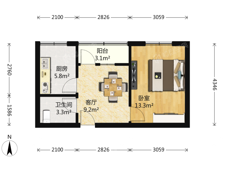 安德公寓,安德公寓 2300.00元/月 2室1厅1卫 50.0平14
