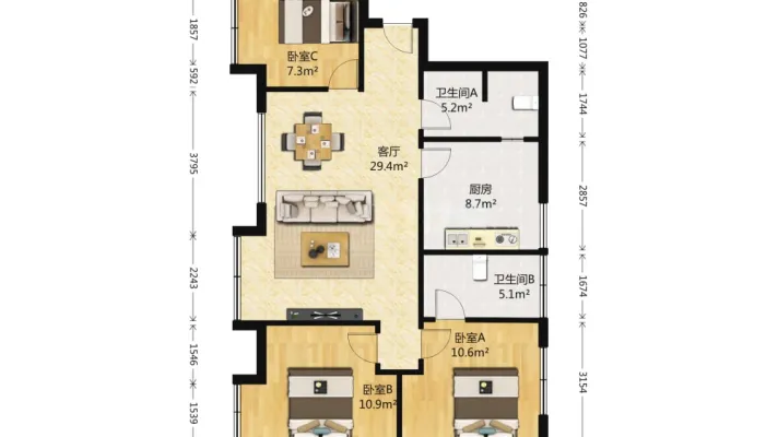 首信首御 3室1厅 西北