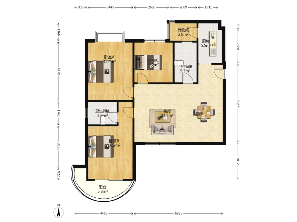 大桥两宜园,江景房精装修三房户型全新装修品牌家具家电6