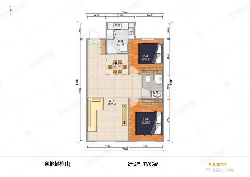 金地樾檀山,金地樾檀山，2室2厅1卫，精装修，南北10