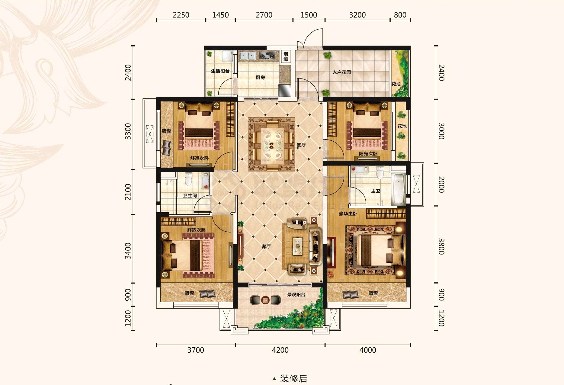 迎宾华府,迎宾华府三面光户型，小区中间位置，纯朝南户型，5房2厅。14