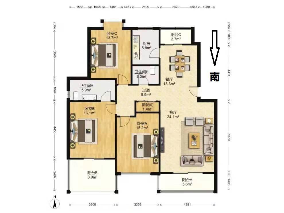 世家星城一期,3室2厅2卫1阳台3200元/月,家具家电齐全10