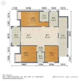 北城云璟,北城云璟 3室2厅2卫1阳台毛坯 带入户连廊 飞机户型11