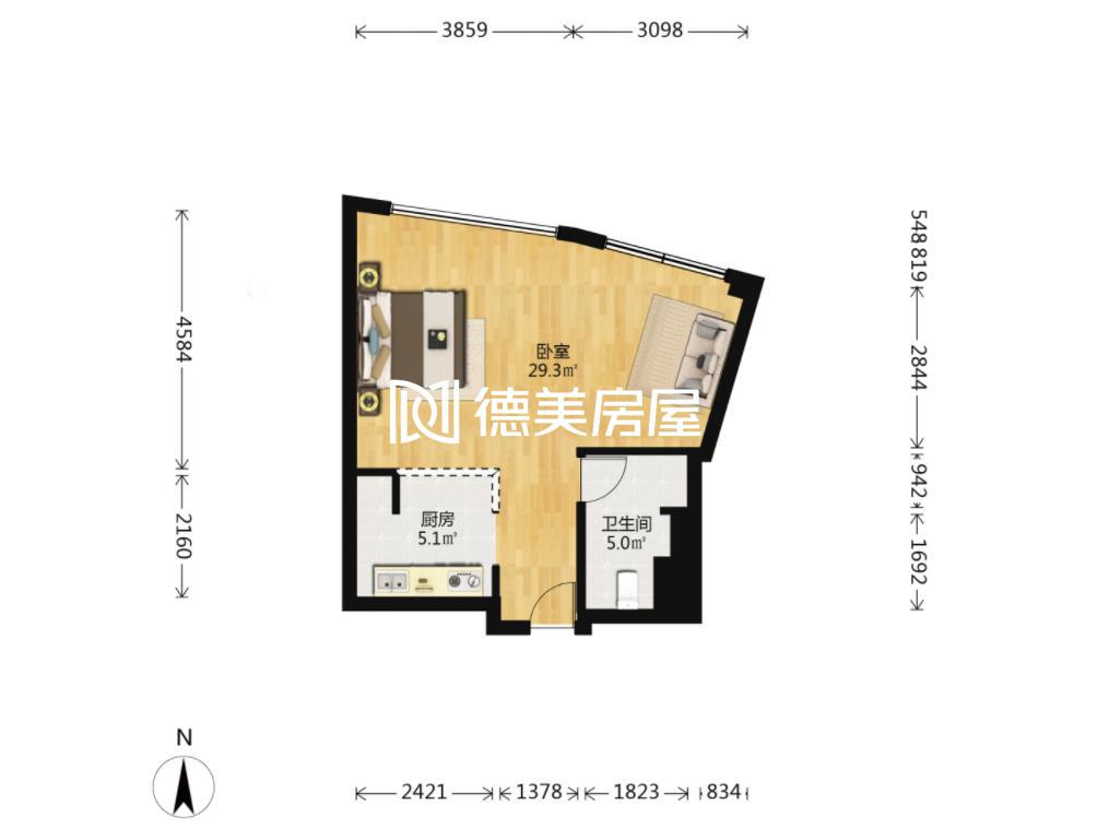 新城国际,大社区，生活便利，1室1厅1卫0阳台17000元/月精装8