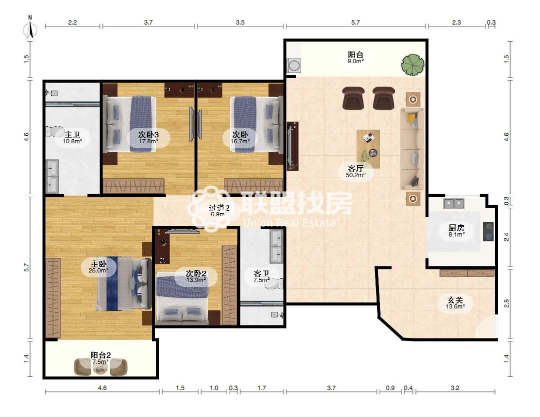 富丽华庭,港宁附近，富丽华庭精装南北通透4房，家具家电新，拎包入住13