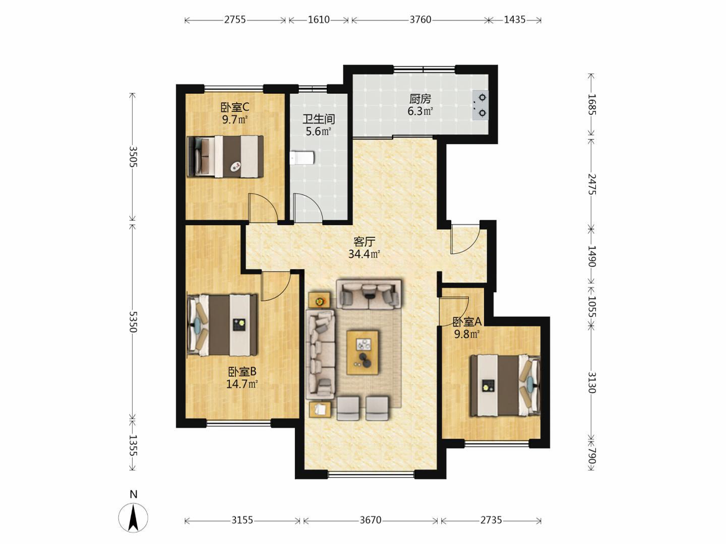 华润置地幸福里,3室2厅1卫1阳台2300元/月,环境幽静,居住舒适2