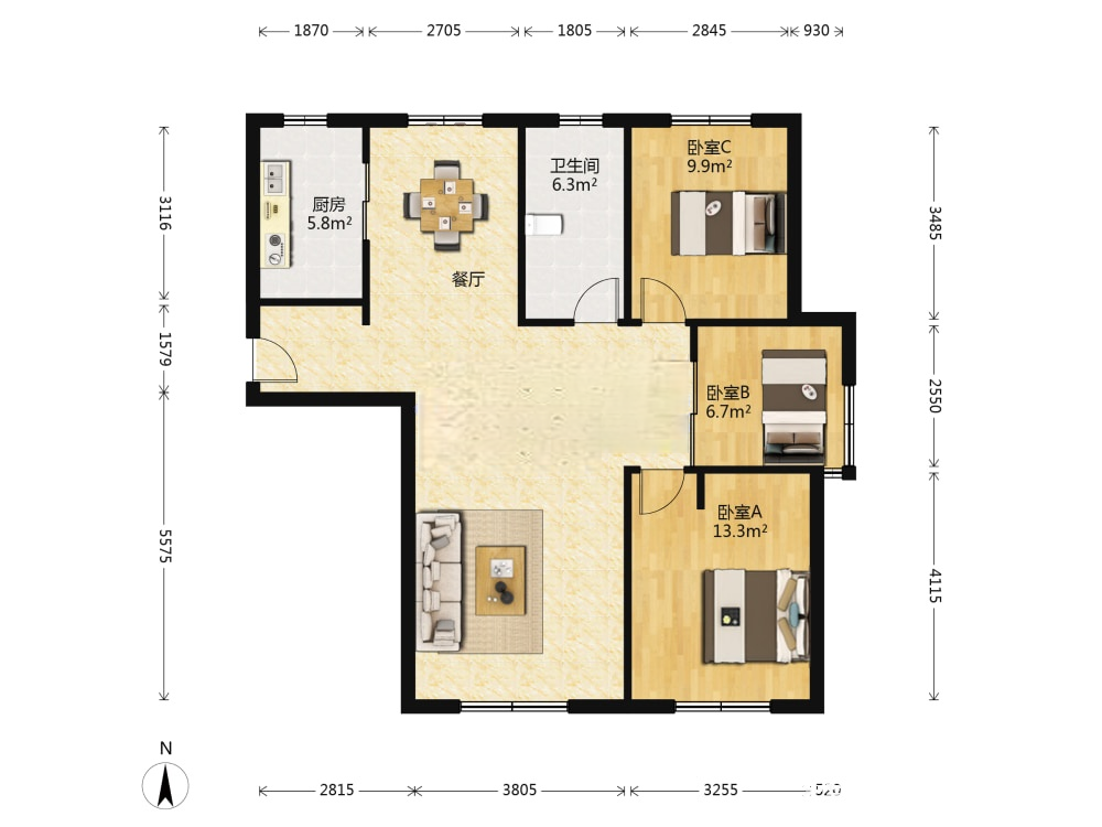 远洋荣域B3,南北通厅全明户型，安静宜居，楼间距大6